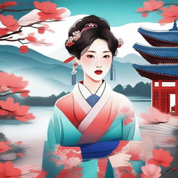 A detailed and vibrant illustration of a Korean girl with traditional attire, showcasing the beauty and elegance of Korean culture