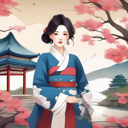 A detailed and vibrant illustration of a Korean girl with traditional attire, showcasing the beauty and elegance of Korean culture