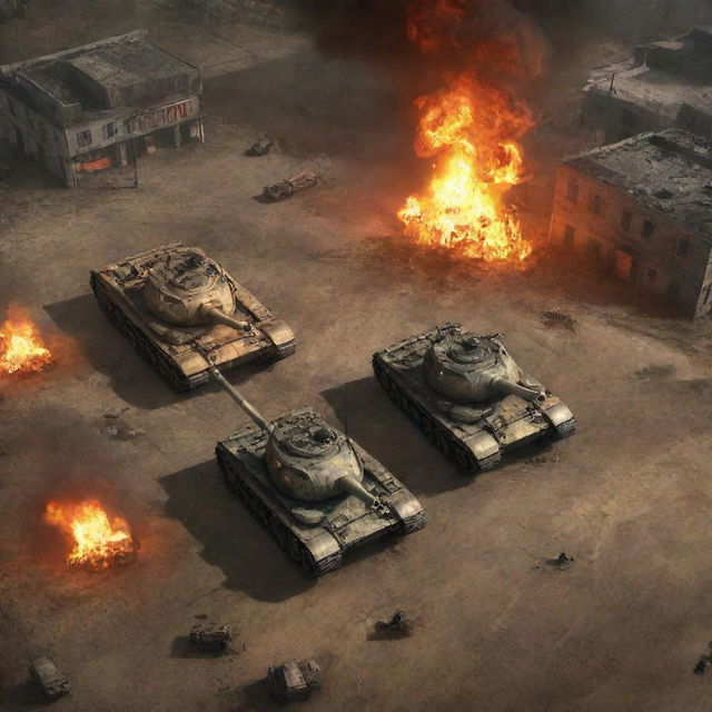 Two Soviet tanks from the Command and Conquer video game positioned on a faithfully represented map, with surrounding buildings lit with blazing fires.