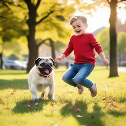 A young boy playing happily with his adorable pug in a sunny park