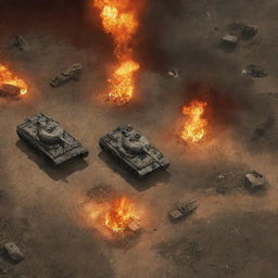 Two Soviet tanks from the Command and Conquer video game positioned on a faithfully represented map, with surrounding buildings lit with blazing fires.