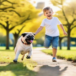 A young boy playing happily with his adorable pug in a sunny park