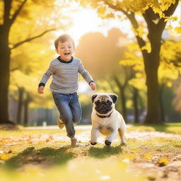 A young boy playing happily with his adorable pug in a sunny park