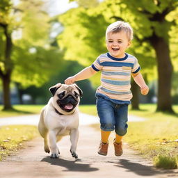 A young boy playing happily with his adorable pug in a sunny park