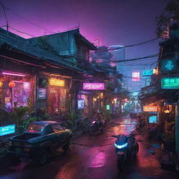 A vibrant depiction of Vietnam in a cyberpunk theme, merging traditional Vietnamese landscapes with the high-tech neon glow and advanced technology of the cyberpunk aesthetic.