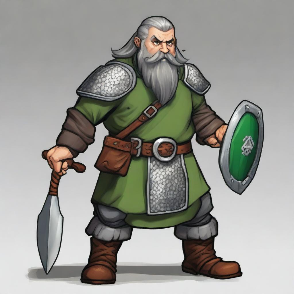 A dwarf with dark gray hair, grayish skin, and green eyes