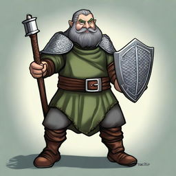 A dwarf with dark gray hair, grayish skin, and green eyes