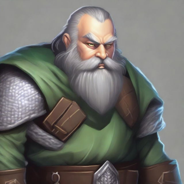 A dwarf with dark gray hair, grayish skin, and green eyes