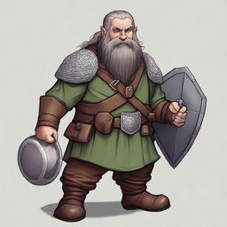 A dwarf with dark gray hair, grayish skin, and green eyes