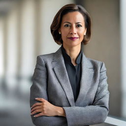 A 40-year-old authoritative woman dressed in a professional suit