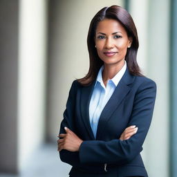 A 40-year-old authoritative woman dressed in a professional suit