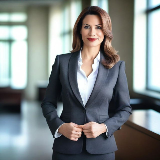 A 40-year-old authoritative woman dressed in a professional suit