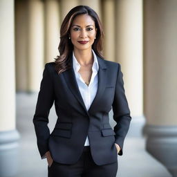 A 40-year-old authoritative woman dressed in a professional suit