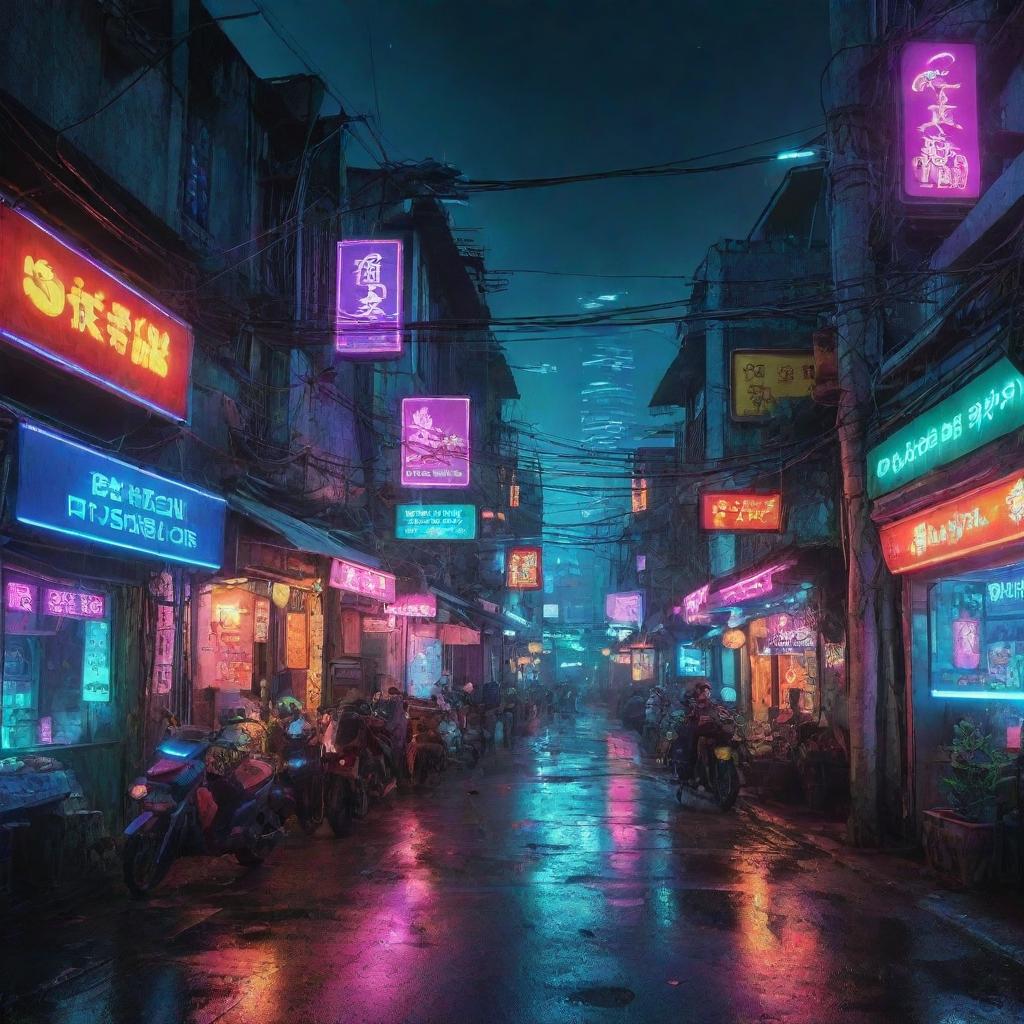 A vibrant depiction of Vietnam in a cyberpunk theme, merging traditional Vietnamese landscapes with the high-tech neon glow and advanced technology of the cyberpunk aesthetic.