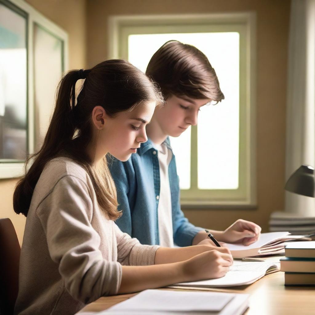 A side profile of a brunette teenage girl studying at a desk