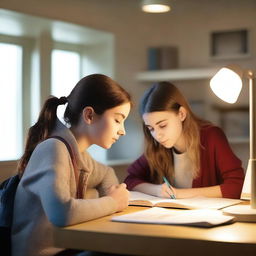 A side profile of a brunette teenage girl studying at a desk