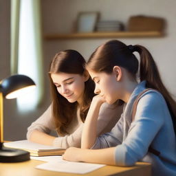 A side profile of a brunette teenage girl studying at a desk