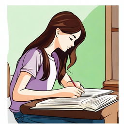 A side profile of a brunette teenage girl studying