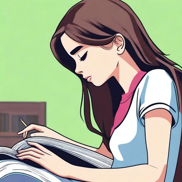 A side profile of a brunette teenage girl studying