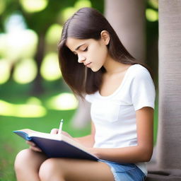 A side profile of a brunette teenage girl sitting cross-legged and studying