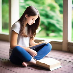 A side profile of a brunette teenage girl sitting cross-legged and studying