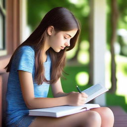 A side profile of a brunette teenage girl sitting cross-legged and studying