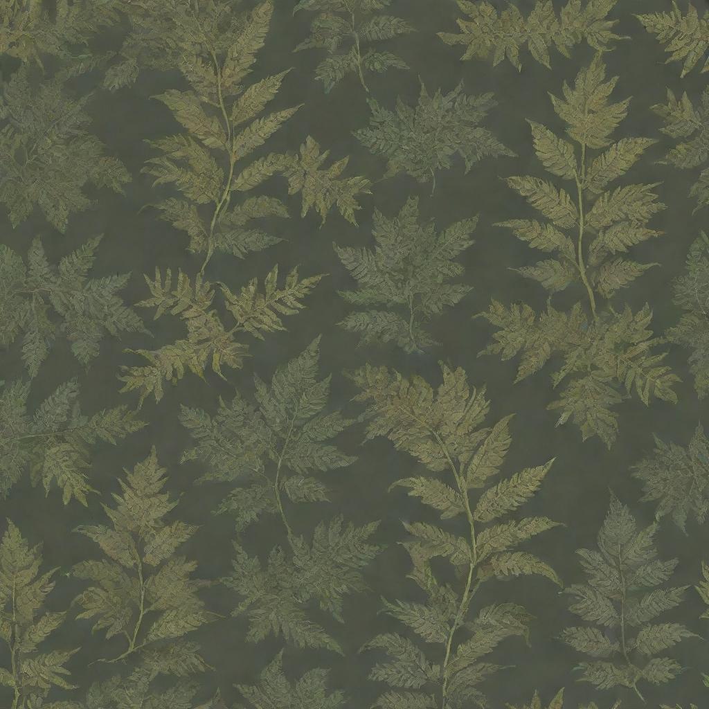 An intricate wallpaper pattern with swaying ferns and crawling vines in subdued shades of green and gold, creating a feel of an enchanting forest on a wall.