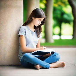 A side profile of a brunette teenage girl sitting cross-legged and studying