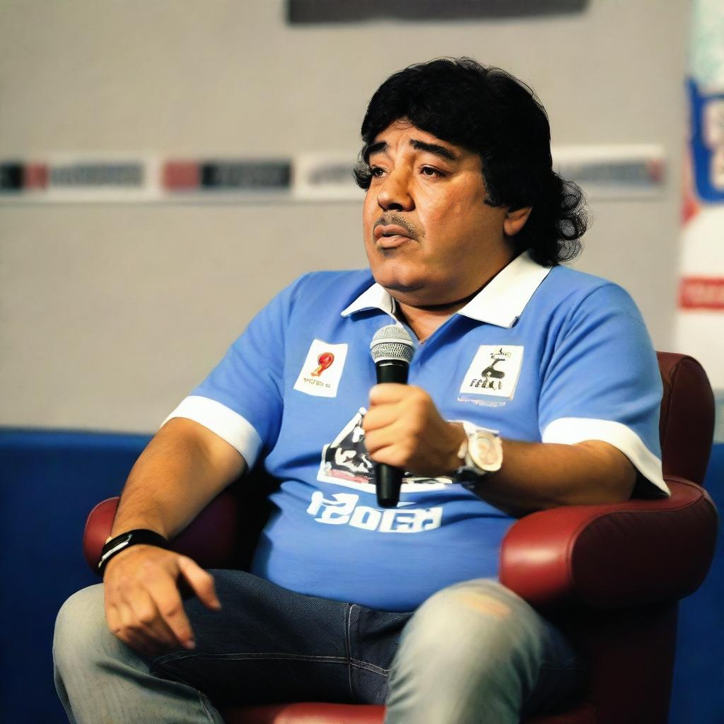 Diego Maradona being interviewed, sitting in a chair with a microphone in hand