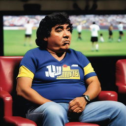 Diego Maradona being interviewed, sitting in a chair with a microphone in hand