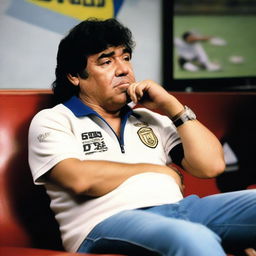 Diego Maradona being interviewed, sitting in a chair with a microphone in hand