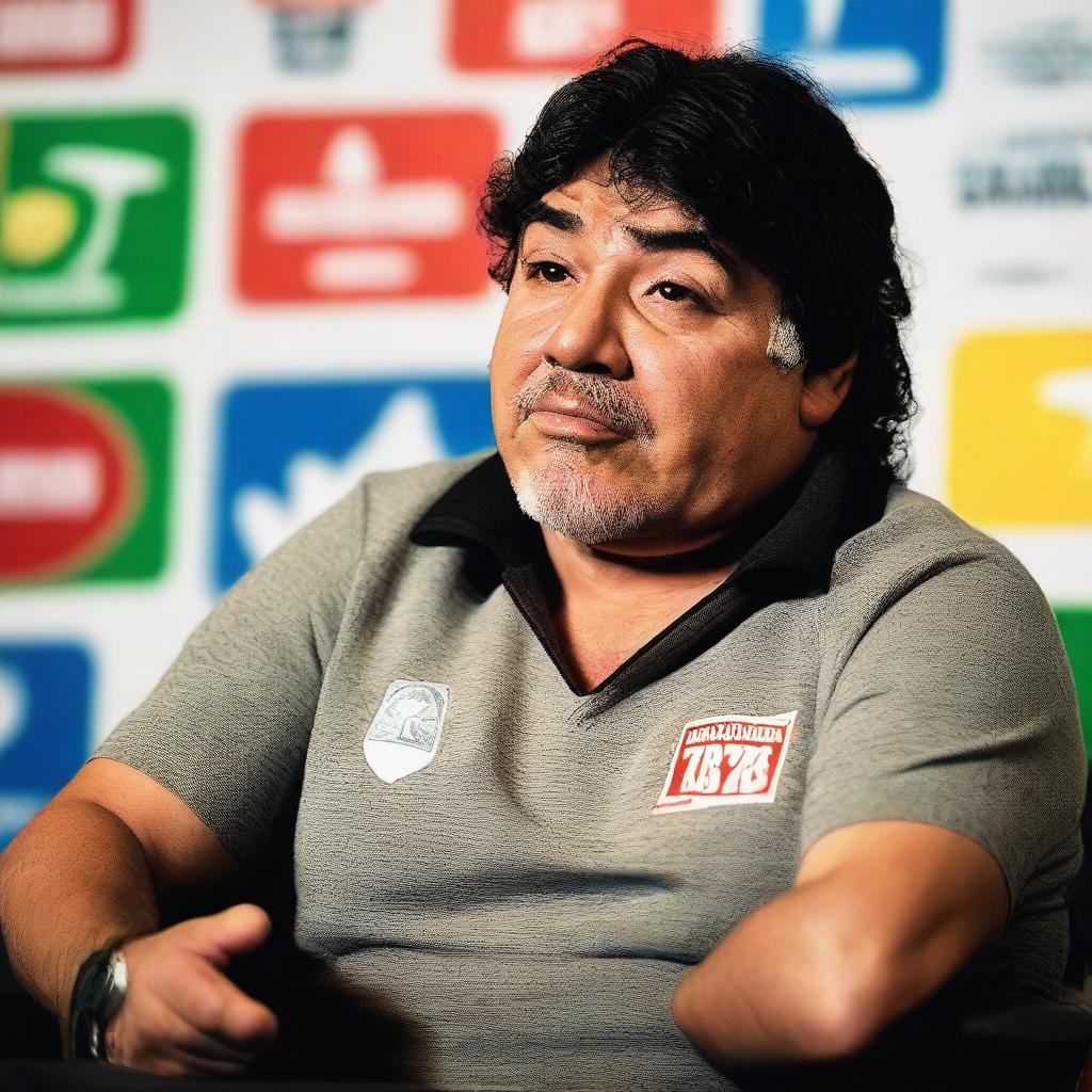 Diego Maradona being interviewed, sitting in a chair with a microphone in hand