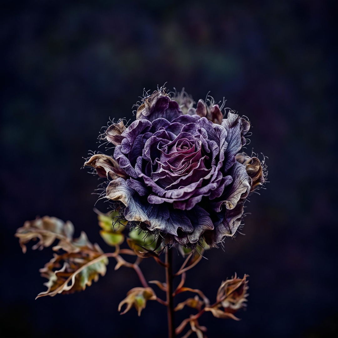 A dying small purple national flower of Romania, without buds, leaves, or branches, set against a dark abstract background, emphasizing its fragile and wilting state