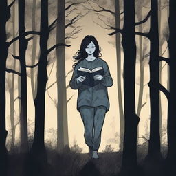 A female teenager in pajamas is running through a dark, eerie forest at night, clutching a journal tightly