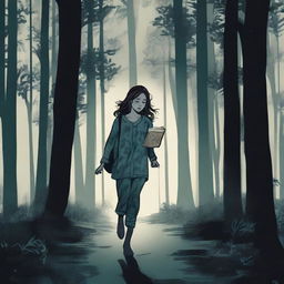 A female teenager in pajamas is running through a dark, eerie forest at night, clutching a journal tightly