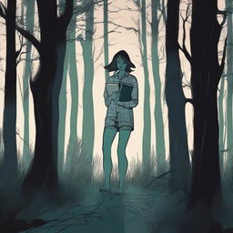 A female teenager in pajamas is running through a dark, eerie forest at night, clutching a journal tightly