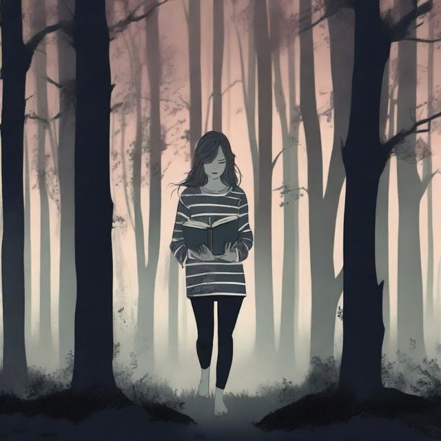 A female teenager in pajamas is running through a dark, eerie forest at night, clutching a journal tightly