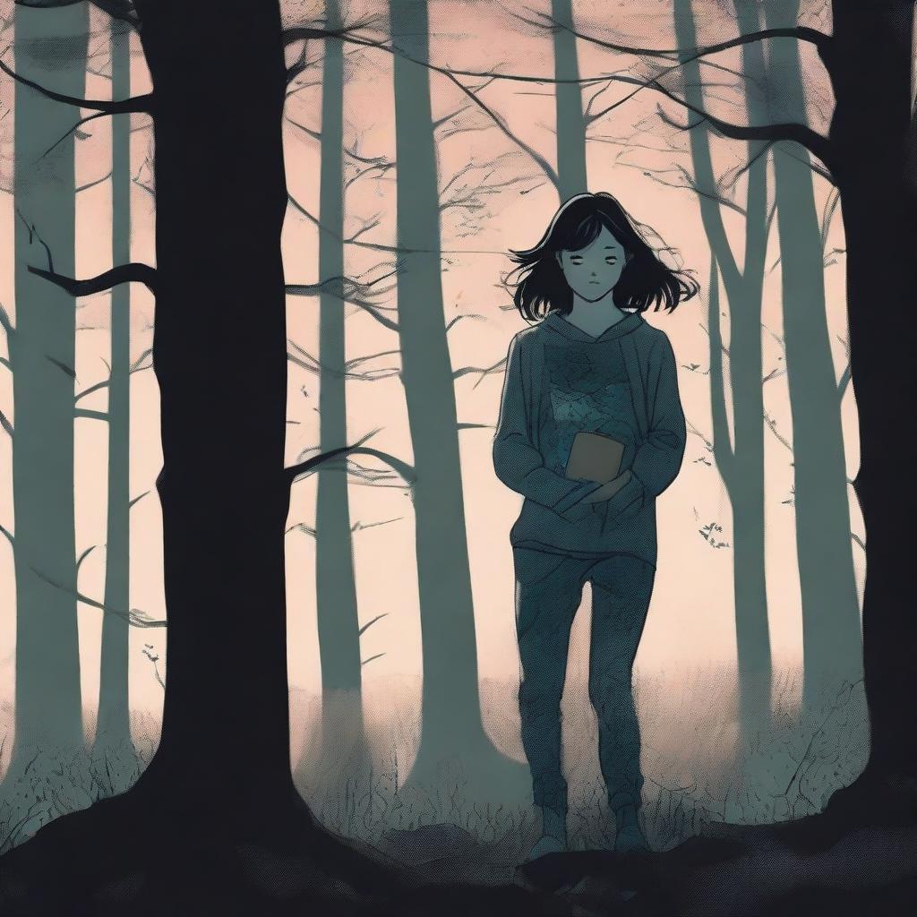 A female teenager in pajamas is running through a dark, eerie forest at night, clutching a journal tightly