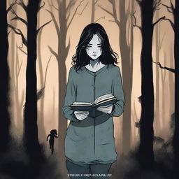 A female teenager in pajamas is running through a dark, eerie forest at night, clutching a journal tightly