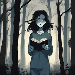 A female teenager in pajamas is running through a dark, eerie forest at night, clutching a journal tightly