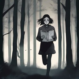 A female teenager in pajamas is running through a dark, eerie forest at night, clutching a journal tightly