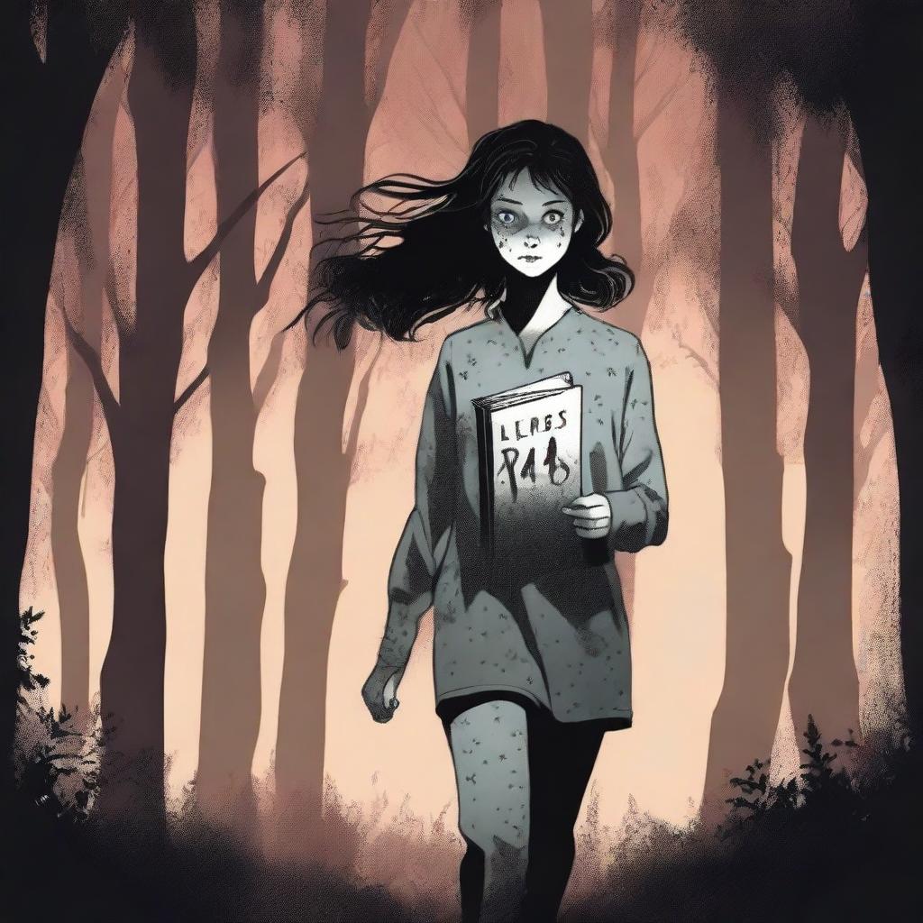 A female teenager in pajamas is running through a dark, eerie forest at night, clutching a journal tightly