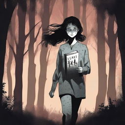 A female teenager in pajamas is running through a dark, eerie forest at night, clutching a journal tightly