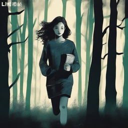 A female teenager in pajamas is running through a dark, eerie forest at night, clutching a journal tightly