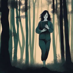 A female teenager in pajamas is running through a dark, eerie forest at night, clutching a journal tightly