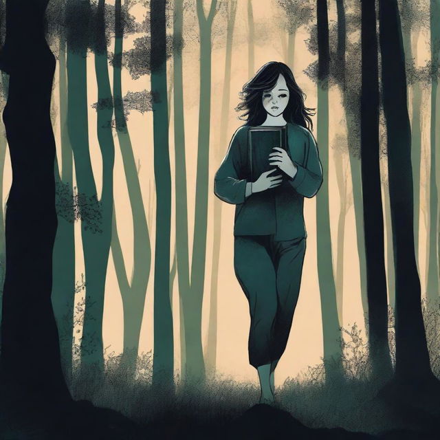 A female teenager in pajamas is running through a dark, eerie forest at night, clutching a journal tightly