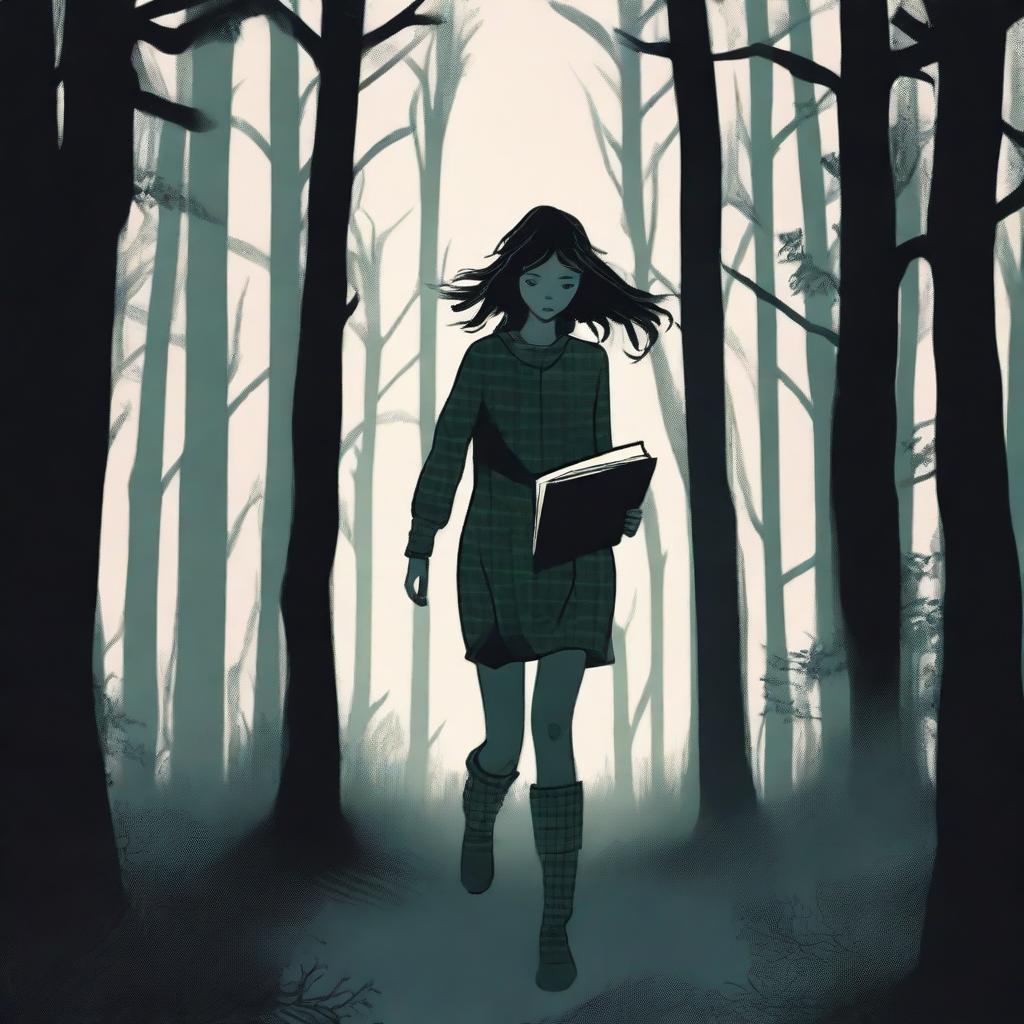 A female teenager in pajamas is running through a dark, eerie forest at night, clutching a journal tightly