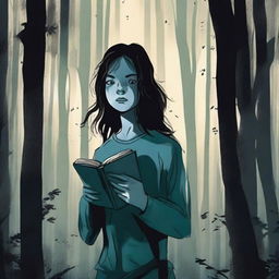 A female teenager in pajamas is running through a dark, eerie forest at night, clutching a journal tightly