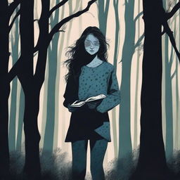 A female teenager in pajamas is running through a dark, eerie forest at night, clutching a journal tightly