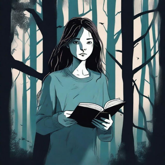 A female teenager in pajamas is running through a dark, eerie forest at night, clutching a journal tightly